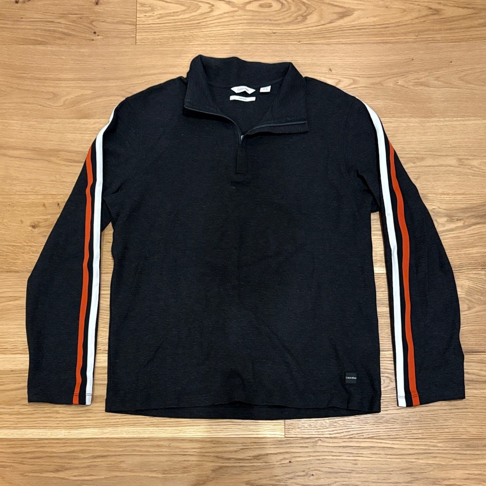 Calvin Klein Black Quarter Zip Sweater with Red and White Striped Sleeves